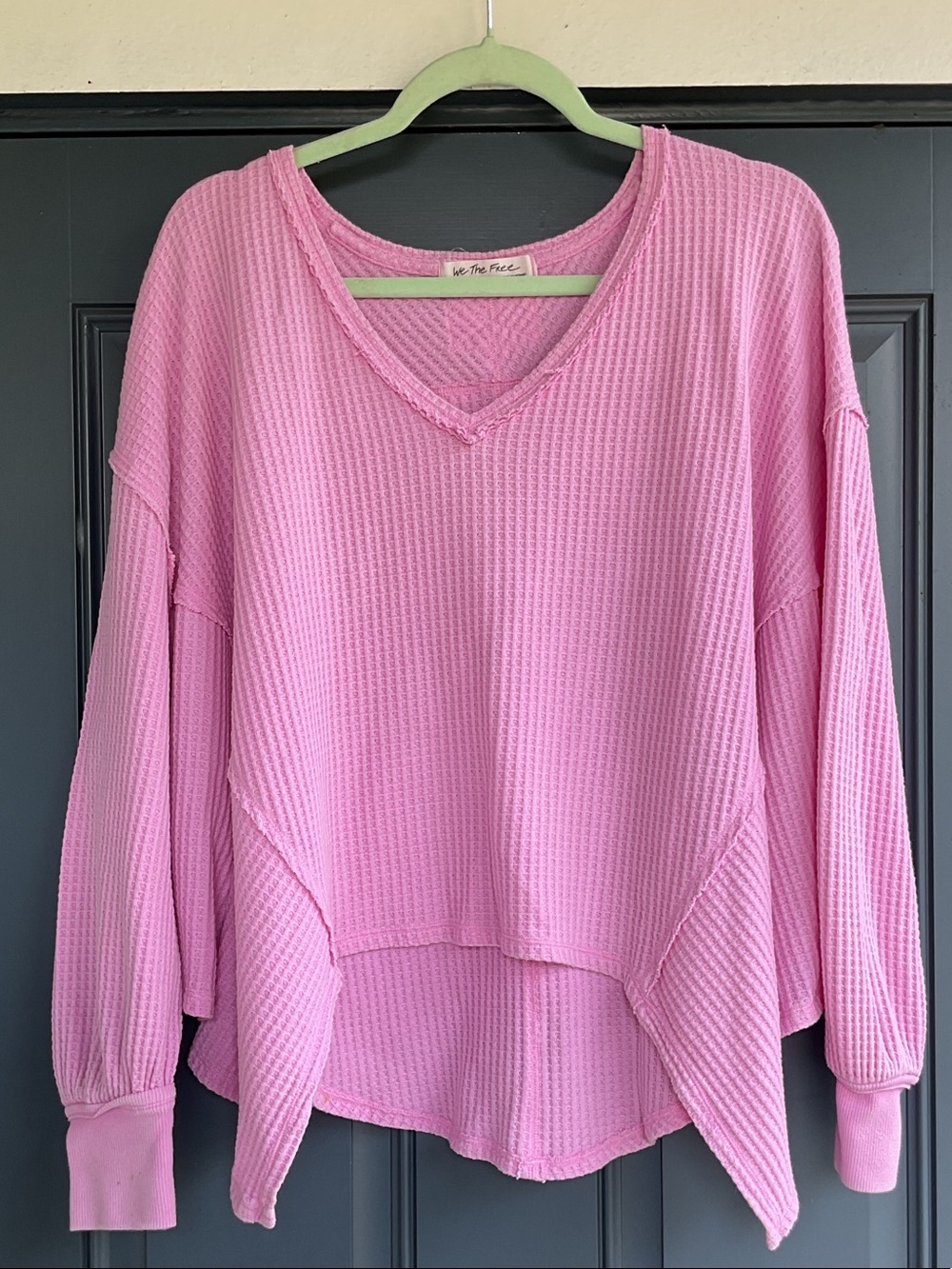 We The Free Bubblegum Pink Waffle-Knit V-Neck Pullover, Size XS